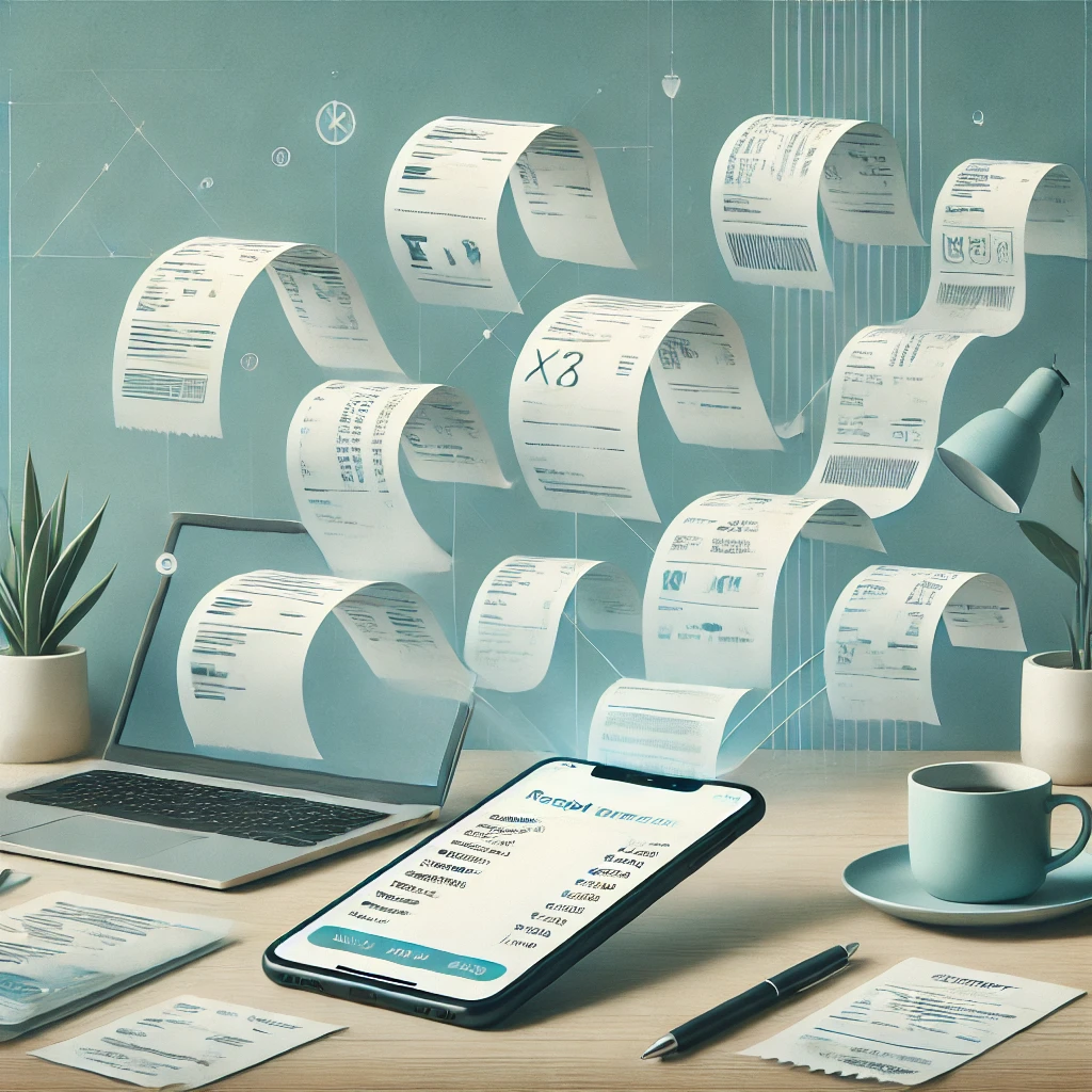 bonnetjes zweven over het bureau de app op de telefoon verwerkt deze bonnetjes